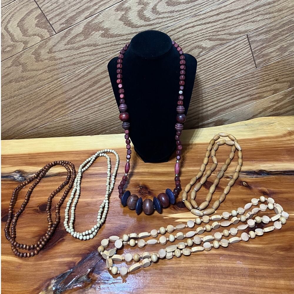 Vintage Lot Wooden Beaded Necklaces Chunky Statement Boho‎ Hawaiian Beach
